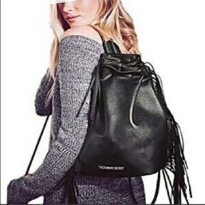 Victoria's Secret Black Faux Leather Fringed Tassel Backpack Book Bag
